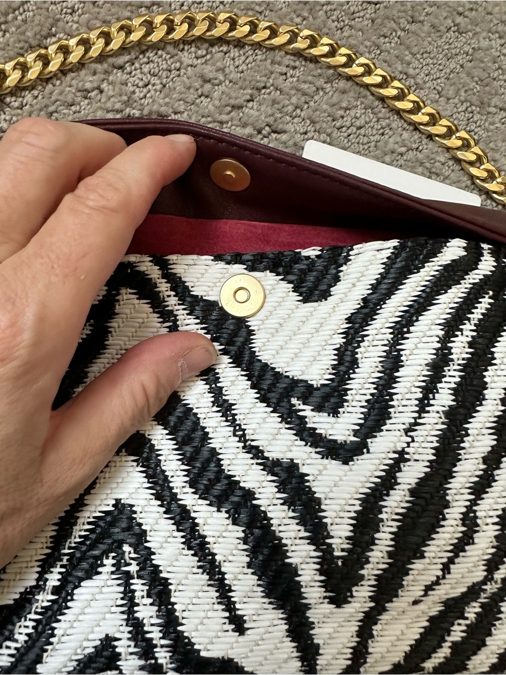 Hammitt Invitation Clutch Zebra Raffia Oxblood Leather Gold Chain New With Tags - Picture 8 of 15